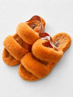 UGG Oh Yeah Tangerine Orange Shearling Platform Slide Sandals 7